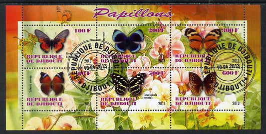 Djibouti 2013 Butterflies #3 perf sheetlet containing 6 values cto used