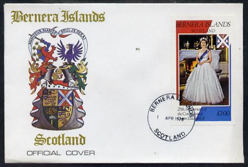 Bernera 1978 Coronation 25th Anniversary imperf souvenir sheet (£1 value) The Queen on special cover with first day cancels