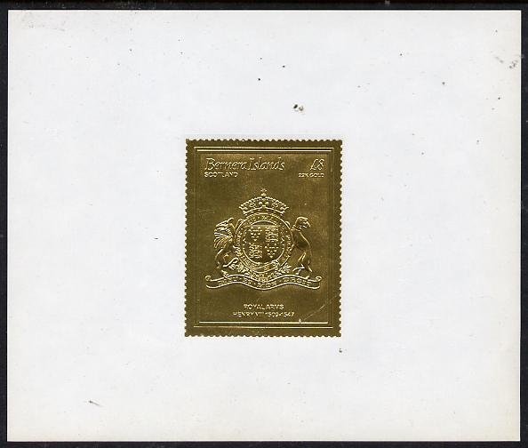 Bernera 1982 Royal Arms £8 Henry VIII embossed in 22k gold foil self-adhesive proof unmounted mint 