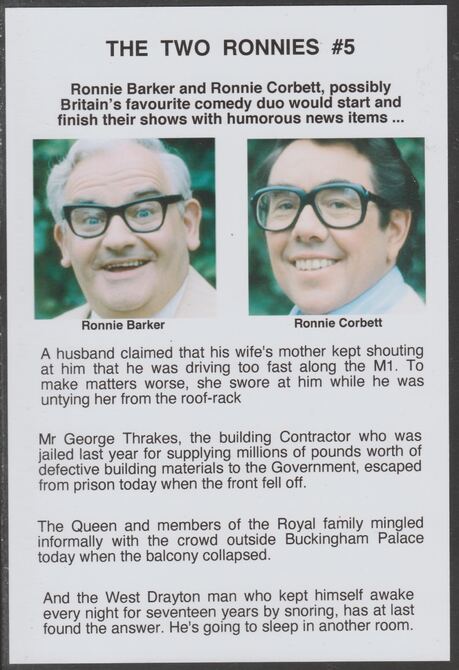 Cinderella - The Two Ronnies #05 Glossy card 150 x 100 mm showing Ronnie B & Ronnie C and 4 of their humorous news items