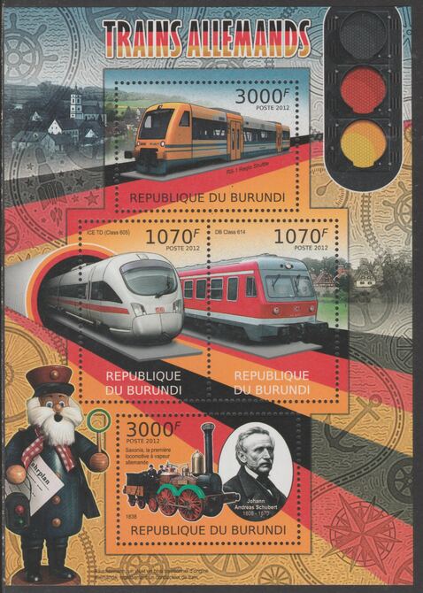 Burundi 2012 German Trains perf sheetlet containing 4 values unmounted mint.