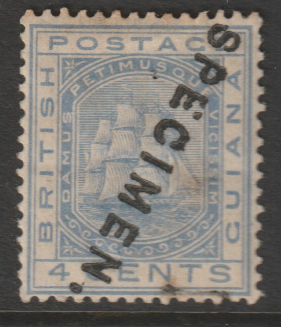 British Guiana 1876 Ship Type 4c blue handstamped SPECIMEN diagonally, with gum but some rust marks, very scarce SG 128s