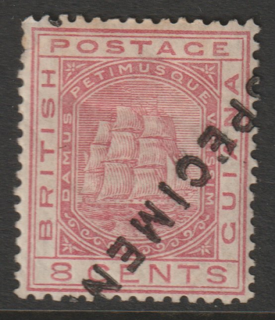 British Guiana 1876 Ship Type 8c rose handstamped SPECIMEN diagonally, with gum and very scarce SG 130s