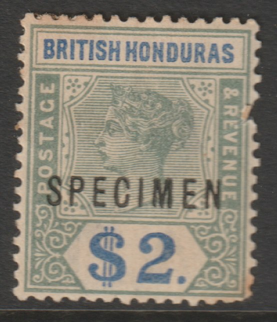 British Honduras 1891 QV Key Plate $2 green & ultramarine overprinted SPECIMEN with poor gum but only about 750 produced SG 64s