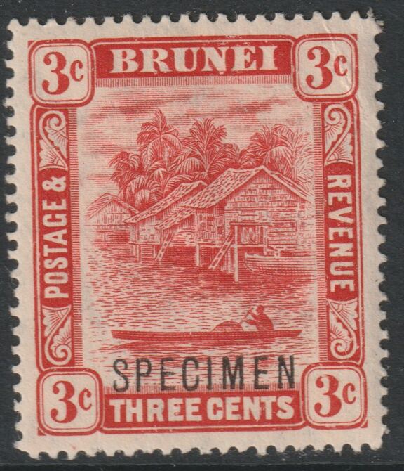 Brunei 1908 River Scene MCA 3c scarlet overprinted SPECIMEN with gum and only about 400 produced SG 37s