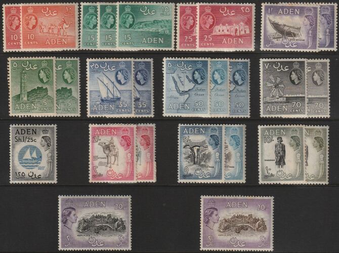 Aden 1953 Pictorial set of 25 including shades to £1 (2) all unmounted mint but most values affected by foxing, SG 48-72 cat £160