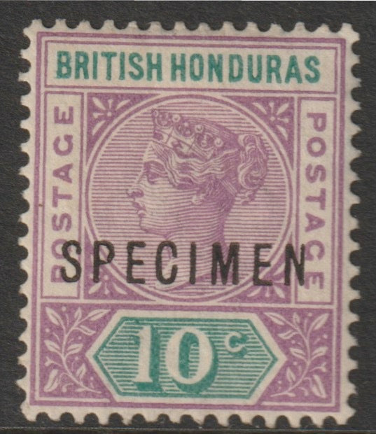 British Honduras 1895 QV 10c overprinted SPECIMEN with Split P variety (position 29) with gum