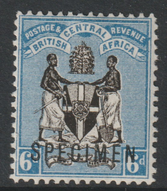 British Central Africa 1895 Arms 6d overprinted SPECIMEN with Short Topped N variety (Position 54) with gum