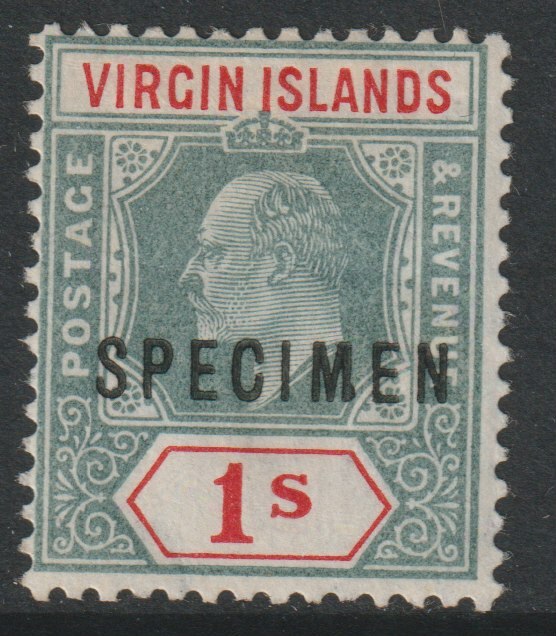 British Virgin Islands 1904 KE7 1s overprinted SPECIMEN with Club Foot on M variety (Occurs in positions 17 & 47) with gum
