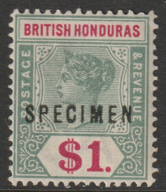 British Honduras 1891 QV $1 overprinted SPECIMEN with Flaw on M variety (Position ??) with gum