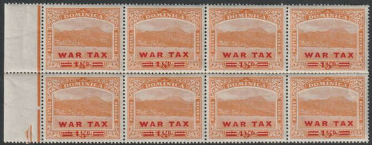 Dominica 1919 War Tax 1.5d on 2.5d orange positional block of 8, one stamp with short fraction bar, unmounted mint SG59 & 59a