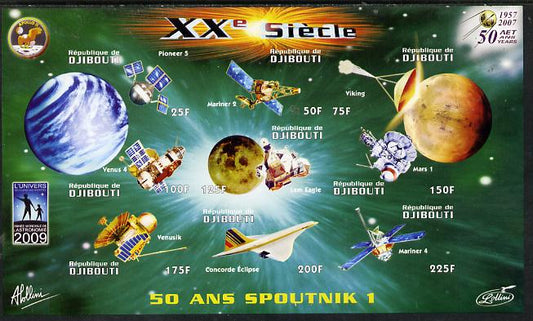 Djibouti 2009 50th Anniversary of Sputnik #01 imperf sheetlet containing 9 values unmounted mint