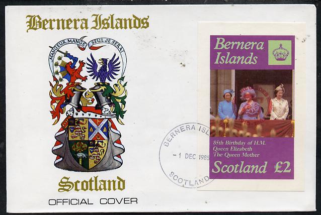 Bernera 1985 Life & Times of HM Queen Mother imperf deluxe sheet (Â£2 value) with Girl Guide 75th Anniversary opt in red, on cover with first day cancel