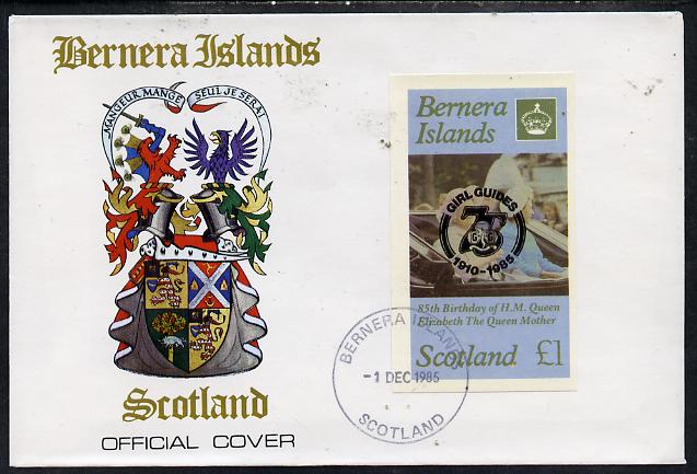 Bernera 1985 Life & Times of HM Queen Mother imperf souvenir sheet (Â£1 value) with Girl Guide 75th Anniversary opt in black, on cover with first day cancel