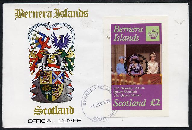 Bernera 1985 Life & Times of HM Queen Mother imperf deluxe sheet (Â£2 value) with Girl Guide 75th Anniversary opt in black, on cover with first day cancel