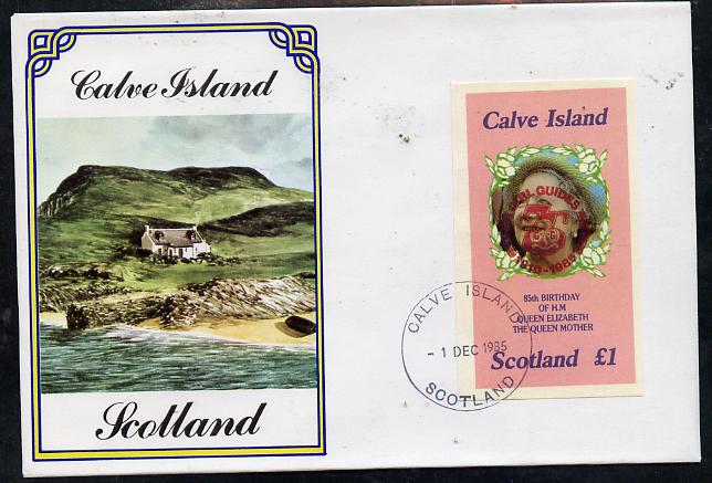 Calve Island 1985 Life & Times of HM Queen Mother imperf souvenir sheet (Â£1 value) with Girl Guide 75th Anniversary opt in red, on cover with first day cancel
