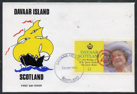 Davaar Island 1985 Life & Times of HM Queen Mother imperf souvenir sheet (Â£1 value) with Girl Guide 75th Anniversary opt in red, on cover with first day cancel