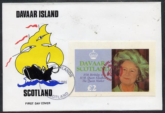 Davaar Island 1985 Life & Times of HM Queen Mother imperf deluxe sheet (Â£2 value) with Girl Guide 75th Anniversary opt in red, on cover with first day cancel
