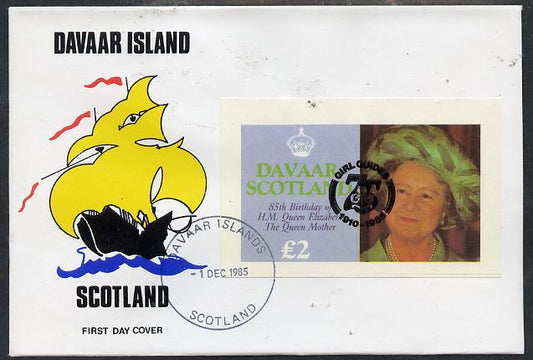 Davaar Island 1985 Life & Times of HM Queen Mother imperf deluxe sheet (Â£2 value) with Girl Guide 75th Anniversary opt in black, on cover with first day cancel
