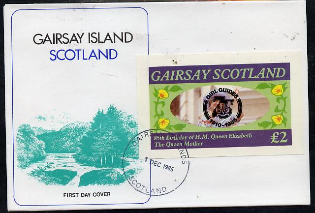 Gairsay 1985 Life & Times of HM Queen Mother imperf deluxe sheet (Â£2 value) with Girl Guide 75th Anniversary opt in black, on cover with first day cancel