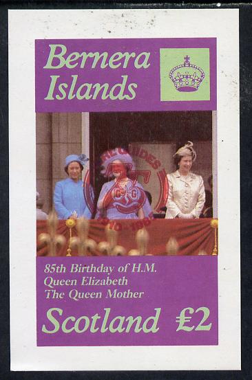 Bernera 1985 Life & Times of HM Queen Mother imperf deluxe sheet (Â£2 value) with Girl Guide 75th Anniversary opt in red unmounted mint