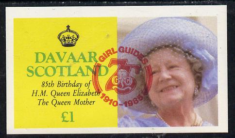 Davaar Island 1985 Life & Times of HM Queen Mother imperf souvenir sheet (Â£1 value) with Girl Guide 75th Anniversary opt in red unmounted mint