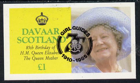 Davaar Island 1985 Life & Times of HM Queen Mother imperf souvenir sheet (Â£1 value) with Girl Guide 75th Anniversary opt in black unmounted mint