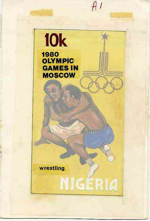 Nigeria 1980 Moscow Olympic Games - original hand-painted artwork for 10k value (Wrestling) by Godrick N Osuji on card 4" x 7â€º" endorsed A1