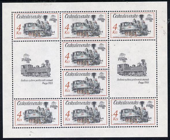 Czechoslovakia 1987 'Praga 88' Stamp Exhibition (2nd Issue) 4k Tank Locomotive in sheetlet of 8 plus 2 labels unmounted mint, from Communications set of 5 (SG 2882)