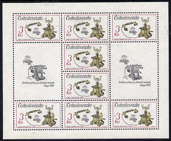 Czechoslovakia 1987 'Praga 88' Stamp Exhibition (2nd Issue) 3k Telephone in sheetlet of 8 plus 2 labels unmounted mint, from Communications set of 5 (SG 2880)