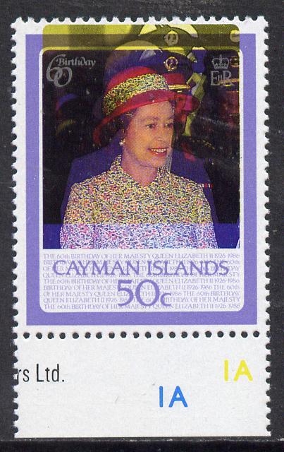 Cayman Islands 1986 Queen's 60th Birthday 50c with spectacular 3mm upward shift of yellow unmounted mint