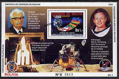Bolivia 1993 Space Achievements perf m/sheet featuring Mail Service stamp opt'd MUESTRA unmounted mint