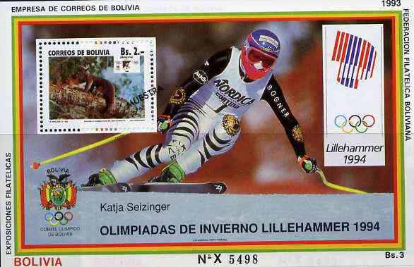 Bolivia 1993 Lillehammer Winter Olympics perf m/sheet featuring Anteater 2b Conservation stamp opt'd MUESTRA unmounted mint