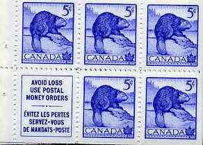 Canada 1954 Beaver 5c blue unmounted mint booklet pane (5 stamps plus label) SG 473a