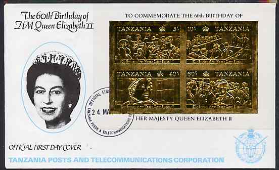 Tanzania 1987 Queen's 60th Birthday imperf souvenir sheet containing the 4 values embossed in 22k gold foil (as SG MS 521) on cover with first day cancel