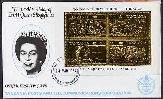 Tanzania 1987 Queen's 60th Birthday perf souvenir sheet containing the 4 values embossed in 22k gold foil (as SG MS 521) on cover with first day cancel