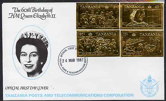 Tanzania 1987 Queen's 60th Birthday imperf set of 4 values embossed in 22k gold foil (as SG 517-20) on cover with first day cancel