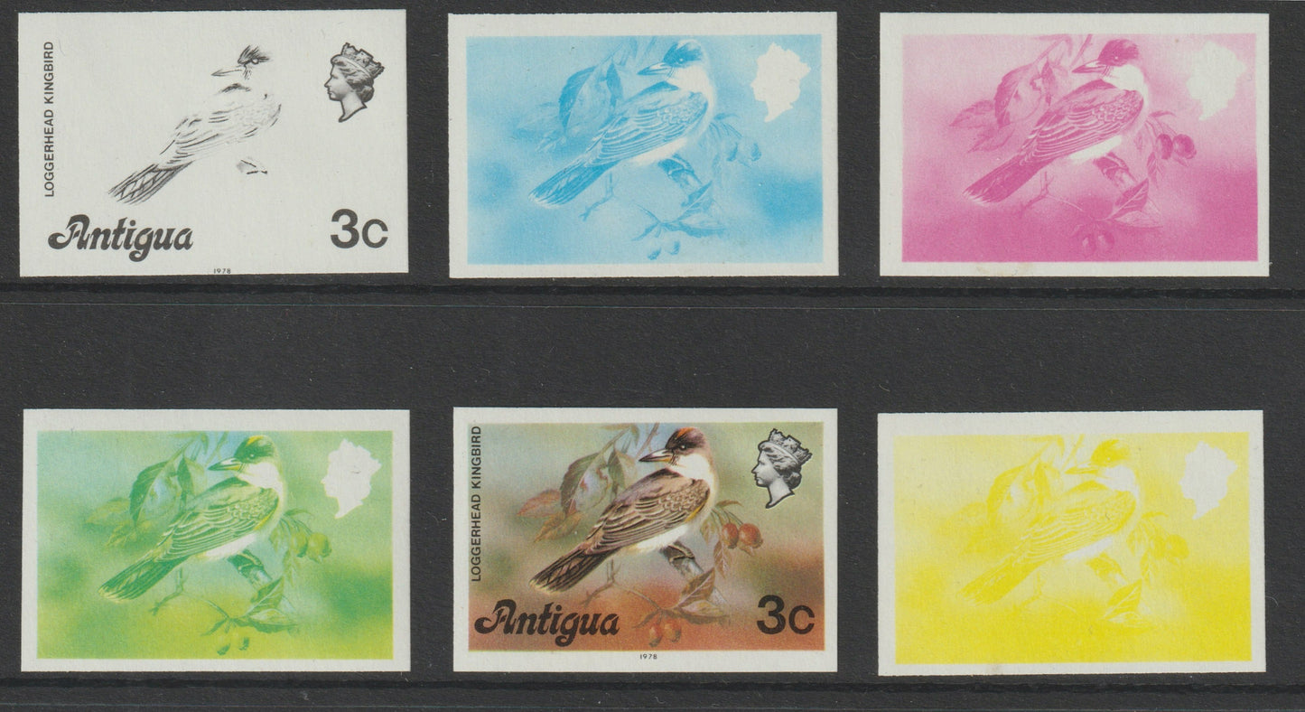 Antigua 1976 Loggerhead Kingbird 3c (with imprint) set of 6 imperf progressive colour proofs comprising the 4 basic colours, blue & yellow composite plus all 4 colours (as SG 472B) unmounted mint