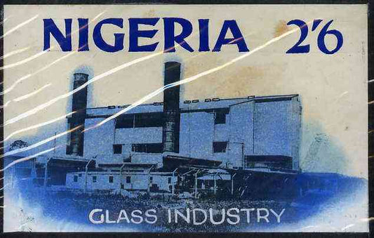 Nigeria - Original artwork probably intended for the 1961 definitive series - showing Glass Industry (2s6d value) by unknown artist in black ink with blue wash,  8" x 5" mounted on board