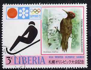 Liberia 1972 Woodpecker & Tobogganing 3c from Sapporo Olympic Games set fine cto used, SG 1091