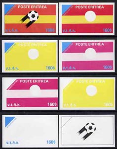 Eritrea 1982 Football World Cup imperf souvenir sheet ($160) set of 8 progressive colour proofs comprising the 4 individual colours, two 2-colour, a 3-colour and all 4-colour composites