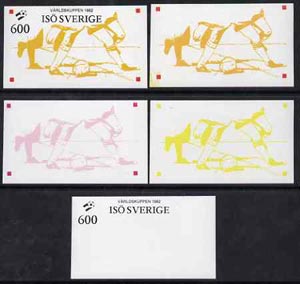 Iso - Sweden 1982 Football World Cup imperf souvenir sheet (600 value) set of 5 progressive colour proofs comprising the 3 individual colours, 2-colour and all 3-colour composites unmounted mint