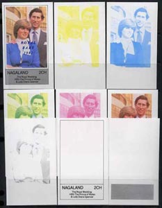 Nagaland 1982 Royal Baby opt on Royal Wedding deluxe sheet, the set of 9 imperf progressive colour proofs comprising single colours and various colour combinations incl completed design unmounted mint