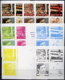 Oman 1982 Royal Baby opt on Royal Wedding imperf sheetlet containing set of 4 values, the set of 10 imperf progressive colour proofs comprising single colours and various colour combinations incl completed design (40 proofs) unmounted mint