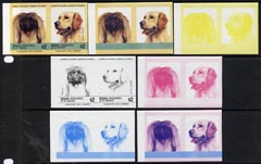 St Vincent - Bequia 1985 Dogs (Leaders of the Wo unmounted mintrld) $2 (Pekinese & Golden Retriever) set of 7 imperf se-tenant progressive proof pairs comprising the 4 individual colours, plus 2, 3 and all 4-colour composites