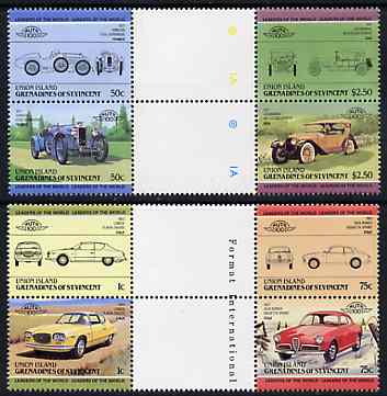 St Vincent - Union Island 1985 Cars #1 (Leaders of the World) set of 8 in se-tenant gutter pairs (folded through gutters or perfs) from uncut archive proof sheet unmounted mint