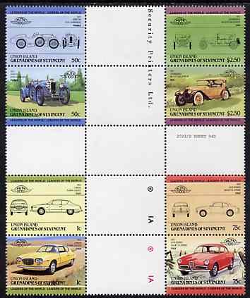 St Vincent - Union Island 1985 Cars #1 (Leaders of the World) set of 8 in se-tenant cross-gutter block (folded through gutters or perfs) from uncut archive proof sheet, some split perfs & wrinkles but a rare archive item unmounted mint