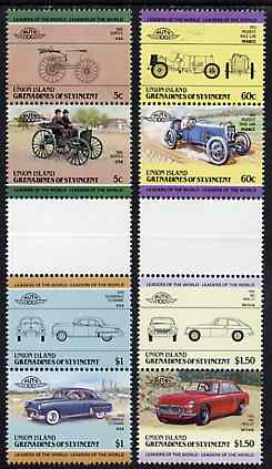 St Vincent - Union Island 1985 Cars #2 (Leaders of the World) set of 8 in se-tenant gutter pairs (folded through gutters or perfs) from uncut archive proof sheet unmounted mint