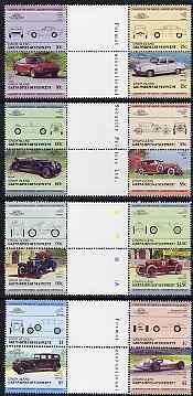 St Vincent - Union Island 1985 Cars #3 (Leaders of the World) set of 16 in se-tenant gutter pairs (folded through gutters or perfs) from uncut archive proof sheets unmounted mint