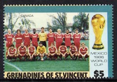 St Vincent - Grenadines 1986 World Cup Football $5 (Canada Team) unmounted mint with perfortions slightly misplaced (horiz perfs encroach onto Country name)